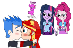 Size: 1024x676 | Tagged: safe, artist:resotii, flash sentry, pinkie pie, sunset shimmer, twilight sparkle, equestria girls, female, flashimmer, lesbian, male, shipping, straight, twinkie