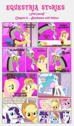 Size: 1919x3245 | Tagged: safe, artist:estories, applejack, discord, fluttershy, pinkie pie, princess celestia, rainbow dash, rarity, twilight sparkle, oc, oc:alice goldenfeather, alicorn, earth pony, pegasus, pony, unicorn, comic:find yourself, comic, mane six