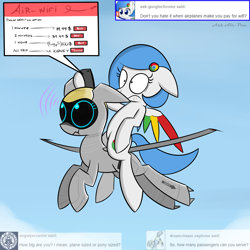 Size: 2500x2500 | Tagged: safe, artist:pandramodo, oc, oc only, oc:airpon, oc:google chrome, original species, plane pony, pony, cellphone, fancy mathematics, female, flying, liar face, math, phone, plane, ponies riding ponies