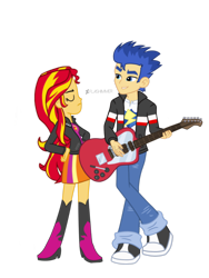 Size: 1536x2048 | Tagged: safe, artist:flashimmer, flash sentry, sunset shimmer, equestria girls, female, flashimmer, guitar, male, shipping, simple background, straight, transparent background, vector