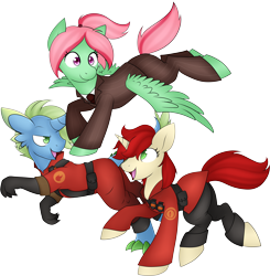 Size: 4796x4902 | Tagged: safe, artist:scarlet-spectrum, oc, oc only, oc:bonfire, oc:melon shine, oc:velvet pastry, dracony, hybrid, absurd resolution, clothes, cosplay, costume, cute, pyro, running, simple background, soldier, spy, team fortress 2, transparent background