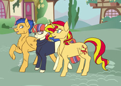 Size: 1024x731 | Tagged: safe, artist:consistingg, flash sentry, moondancer, sunset shimmer, bisexual, female, flashimmer, lesbian, male, moonsentry, moonset, polyamory, shipping