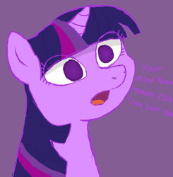 Size: 920x940 | Tagged: safe, artist:notawriteranon, twilight sparkle, pony, unicorn, /mlp/, dialogue, eye clipping through hair, female, grammar error, horn, implied anon, insanity, mare, open mouth, simple background, solo, talking, wide eyes, yandere, yanderelight sparkle