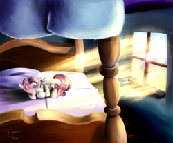 Size: 1200x1000 | Tagged: safe, artist:ferasor, sweetie belle, bed, crepuscular rays, cute, diasweetes, sleeping, solo, sunlight