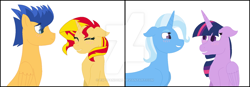 Size: 1024x357 | Tagged: safe, artist:espyfandoms, flash sentry, sunset shimmer, trixie, twilight sparkle, pony, female, flashimmer, lesbian, male, shipping, straight, twixie