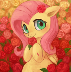 Size: 560x572 | Tagged: safe, artist:kei05, fluttershy, pegasus, pony, blushing, cute, female, flower, flower in hair, looking at you, mare, pixiv, rose, shyabetes, smiling, solo