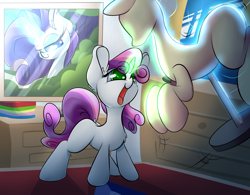 Size: 3300x2570 | Tagged: safe, artist:madacon, rarity, sweetie belle, pony, unicorn, bush, cute, diasweetes, grin, happy, levitation, magic, raribetes, sweetie belle's magic brings a great big smile, telekinesis, window