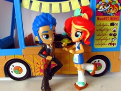 Size: 1152x864 | Tagged: safe, artist:whatthehell!?, flash sentry, sunset shimmer, equestria girls, clothes, doll, equestria girls minis, female, flashimmer, food, guitar, irl, japanese, male, photo, shipping, shoes, straight, sunset sushi, sushi, toy, truck, tuxedo