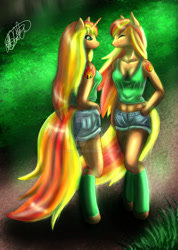 Size: 1024x1435 | Tagged: safe, artist:jengaleia, oc, oc only, oc:blaze firestorm, oc:flare firestorm, anthro, unguligrade anthro, unicorn, anthro oc, clothes, daisy dukes, female, leg warmers, mare, sisters, tanktop, tattoo, twin sisters, twins