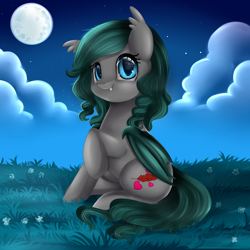 Size: 3112x3112 | Tagged: safe, artist:pridark, oc, oc only, oc:nightshine, bat pony, pony, cute, cute little fangs, moon, solo