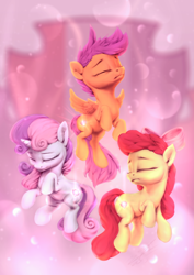 Size: 850x1200 | Tagged: safe, artist:assasinmonkey, apple bloom, scootaloo, sweetie belle, earth pony, pegasus, pony, unicorn, crusaders of the lost mark, bow, cutie mark, cutie mark crusaders, eyes closed, female, filly, hair bow, the cmc's cutie marks