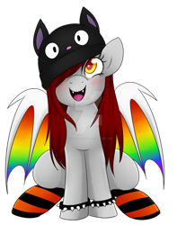 Size: 1024x1298 | Tagged: safe, artist:scarlet-spectrum, oc, oc only, oc:scarlet spectrum, bat pony, pony, blushing, bracelet, clothes, cute, hat, jiji, kiki's delivery service, simple background, socks, spiked wristband, striped socks, transparent background