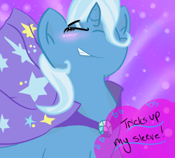 Size: 1000x900 | Tagged: safe, artist:soursparklysoda, trixie, pony, unicorn, blushing, eyes closed, female, grin, heart, mare, palindrome get, smiling, smirk, solo