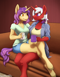 Size: 1280x1656 | Tagged: safe, artist:hobbsmeerkat, oc, oc only, oc:lavender frappe, oc:nexus of concordia, anthro, unguligrade anthro, unicorn, anthro oc, clothes, coffee, coffee mug, compression shorts, cup, earring, feather, female, food, heterochromia, jacket, lesbian, piercing, shipping, shirt, shorts, sitting on lap, sofa, sports bra, tea