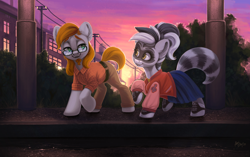 Size: 3438x2160 | Tagged: safe, artist:amishy, oc, oc:bandy cyoot, oc:jerry alton, earth pony, hybrid, pony, raccoon, raccoon pony, admiration, admiring, asphalt, belt, big ears, black stripe, blue, building, bush, canines, chimney, clothes, date, ears, ears up, electric pole, eye, eyebrows, eyelashes, eyes, facial hair, female, glasses, goatee, golden eyes, grass, gray coat, green eyes, hair, happy, hedge, hooves, jacket, lamppost, letterman jacket, light, lighting, lines, long hair male, loose hair, love, male, mare, mask, multicolored hair, muzzle, nose, nostrils, open smile, orange, pants, patch, plaid shirt, pocket, purple sky, rain, raised eyebrows, reflection, saddle oxfords, shading, shine, shipping, shirt, shoelace, shoes, short tail, sidewalk, skirt, smiling, snout, soft, stallion, stars, steeple, striped tail, stripes, sun, sunset, tan, telephone pole, together, treble clef, two toned mane, water, white pony, white stripes, window, yellow, yellow shirt, zipper