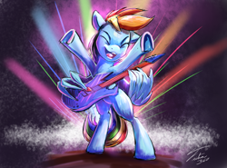 Size: 1280x945 | Tagged: safe, artist:tsitra360, rainbow dash, pegasus, pony, abstract background, bipedal, electric guitar, eyes closed, female, guitar, mare, open mouth, playing instrument, signature, solo, underhoof, wing hands