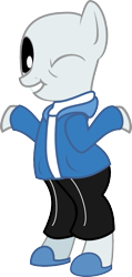 Size: 401x843 | Tagged: safe, artist:derjuin, pony, bipedal, clothes, grin, looking at you, ponified, sans (undertale), shrug, simple background, slippers, smiling, solo, sweater, transparent background, undertale, wink