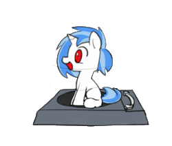 Size: 621x526 | Tagged: safe, artist:valcron, dj pon-3, vinyl scratch, pony, unicorn, animated, cute, filly, music player, solo, spinning, turntable pony, vinylbetes, wrong eye color, younger