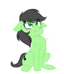 Size: 778x891 | Tagged: safe, artist:jessy, edit, oc, oc only, oc:anon, oc:anon filly, earth pony, pony, /mlp/, adoranon, age regression, behaving like a bird, blushing, chest fluff, cute, daaaaaaaaaaaw, female, filly, floppy ears, fluffy, frown, implied transformation, implied transgender transformation, nose wrinkle, peacocking, ponified, scrunchy face, sitting, solo, sweet dreams fuel