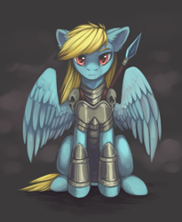 Size: 2149x2619 | Tagged: safe, artist:dragonataxia, oc, oc only, oc:downburst, pegasus, pony, armor, sitting, solo, spear, weapon