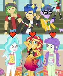 Size: 1471x1784 | Tagged: safe, edit, edited screencap, screencap, flash sentry, microchips, paisley, sandalwood, starlight, sunset shimmer, watermelody, equestria girls, equestria girls series, forgotten friendship, friendship games, lost and found, background human, bandeau, beach, bikini, cellphone, clothes, cropped, dancing, female, flashimmer, geode of empathy, heart, magical geodes, male, midriff, one-piece swimsuit, paisandal, phone, pony ears, sarong, shipping, shipping domino, starchips, straight, swimsuit, thumbs up, tongue out, triple shipping domino