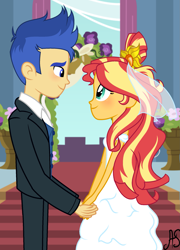 Size: 1549x2157 | Tagged: safe, artist:sparkling-sunset-s08, flash sentry, sunset shimmer, better together, equestria girls, clothes, dress, female, flashimmer, male, marriage, shipping, straight, wedding, wedding dress
