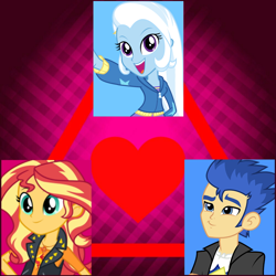 Size: 1500x1500 | Tagged: safe, flash sentry, sunset shimmer, trixie, better together, equestria girls, bisexual, female, flashimmer, geode of empathy, lesbian, love triangle, magical geodes, male, sentrixie, shipping, straight, suntrix