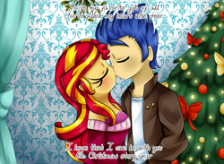 Size: 980x716 | Tagged: safe, artist:lucy-tan, flash sentry, sunset shimmer, human, equestria girls, christmas, christmas tree, cropped, eyes closed, female, flashimmer, holiday, humanized, male, romantic, shipping, straight, tree