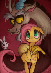 Size: 515x731 | Tagged: safe, artist:kei05, angel bunny, discord, fluttershy, draconequus, pegasus, pony, discoshy, female, group, male, pixiv, shipping, straight, trio