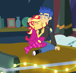 Size: 3000x2874 | Tagged: safe, artist:lazuli, flash sentry, sunset shimmer, better together, equestria girls, bed, clothes, converse, female, flashimmer, male, shipping, shoes, socks, straight, string lights, striped socks, sunset's apartment