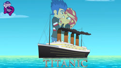 Size: 3000x1688 | Tagged: safe, artist:balabinobim, flash sentry, sunset shimmer, equestria girls, cruise ship, equestria girls logo, female, flashimmer, male, movie poster, movie reference, ship, shipping, straight, this will not end well, titanic, unfortunate implications, wallpaper, we are going to hell