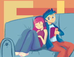 Size: 3300x2550 | Tagged: safe, artist:pettypop, flash sentry, sunset shimmer, better together, equestria girls, eyes closed, female, flashimmer, headphones, limited palette, male, shipping, sofa, straight