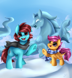 Size: 3059x3314 | Tagged: safe, artist:pridark, scootaloo, oc, windigo, clothes, happy, scarf, waving, winter