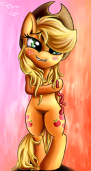 Size: 1600x3000 | Tagged: safe, artist:ferasor, applejack, earth pony, pony, bipedal, blushing, both cutie marks, cute, lip bite, loose hair, solo