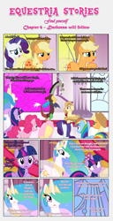 Size: 1919x3740 | Tagged: safe, artist:estories, applejack, discord, fluttershy, pinkie pie, princess celestia, rainbow dash, rarity, twilight sparkle, twilight sparkle (alicorn), oc, oc:alice goldenfeather, alicorn, earth pony, pegasus, pony, unicorn, comic:find yourself, comic, female, mane six, mare