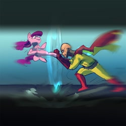 Size: 1000x1000 | Tagged: safe, artist:alumx, lily longsocks, pony, 30 minute art challenge, crossover, fight, kick, one punch man, saitama, this will end in one punch