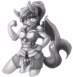 Size: 1174x1250 | Tagged: safe, artist:pusspuss, oc, oc only, oc:stella, oc:stella sabre, anthro, bat pony, anthro oc, armor, armor skirt, belt, clothes, cute, grayscale, grin, hand on hip, monochrome, ponytail, skirt, solo