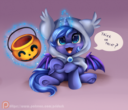 Size: 1454x1252 | Tagged: safe, artist:pridark, princess luna, oc, bat pony, pony, :3, bat pony oc, bat wings, blushing, cloak, clothes, costume, cute, filly, glowing horn, hnnng, hooded cape, levitation, looking at you, looking up, lunabat, lunabetes, magic, nightmare night, nightmare night costume, open mouth, patreon, patreon logo, pointing, pridark is trying to murder us, pumpkin bucket, race swap, sitting, smiling, solo, telekinesis, trick or treat, underhoof, weapons-grade cute, woona