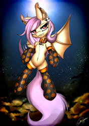 Size: 1275x1800 | Tagged: safe, artist:gamermac, fluttershy, bat, bat pony, pony, :3, belly button, clothes, collar, fangs, flutterbat, flying, looking at you, socks, solo