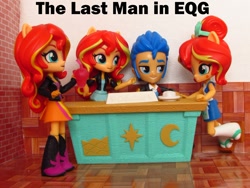 Size: 1140x855 | Tagged: safe, artist:whatthehell!?, flash sentry, sunset shimmer, equestria girls, boots, classroom, clothes, desk, doll, equestria girls minis, eqventures of the minis, female, flashimmer, food, irl, jacket, male, multeity, pair, pants, photo, school, shimmerstorm, shipping, shoes, straight, sunset sushi, sushi, toy, tuxedo