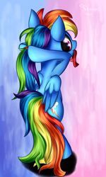 Size: 1800x3000 | Tagged: safe, artist:ferasor, rainbow dash, pegasus, pony, abstract background, alternate hairstyle, backwards cutie mark, bipedal, cute, dashabetes, female, hnnng, human shoulders, looking at you, looking back, mare, mouth hold, ponytail, rear view, ribbon, solo