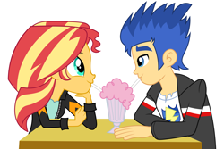 Size: 6000x4000 | Tagged: safe, artist:spottedlions, flash sentry, sunset shimmer, equestria girls, absurd resolution, clothes, commission, drinking, female, flashimmer, jacket, leather jacket, looking at each other, male, milkshake, shipping, simple background, smiling, straight, straw, table