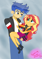Size: 2408x3385 | Tagged: safe, artist:sparkling-sunset-s08, flash sentry, sunset shimmer, better together, equestria girls, carrying, clothes, female, flashimmer, male, shipping, skirt, straight