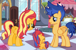 Size: 2271x1499 | Tagged: safe, artist:sparkling-sunset-s08, flash sentry, sunset shimmer, alicorn, pony, alicornified, baby, baby pony, family, female, flashimmer, male, offspring, parent:flash sentry, parent:sunset shimmer, parents:flashimmer, race swap, shimmercorn, shipping, straight