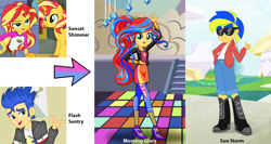 Size: 1576x840 | Tagged: safe, artist:silverbuller, flash sentry, sunset shimmer, oc, oc:morning glory, oc:sun storm, equestria girls, 1000 hours in ms paint, bedroom eyes, belt, camp everfree outfits, eqg promo pose set, female, flashimmer, male, next generation, offspring, open mouth, parent:flash sentry, parent:sunset shimmer, parents:flashimmer, shipping, straight, sun