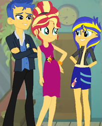 Size: 419x517 | Tagged: safe, artist:velvetsparkleyt, flash sentry, sunset shimmer, oc, oc:shimmery flare, equestria girls, family, female, flashimmer, male, next generation, offspring, parent:flash sentry, parent:sunset shimmer, parents:flashimmer, shipping, straight