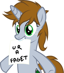 Size: 2614x2964 | Tagged: safe, artist:outlawedtofu, oc, oc only, oc:littlepip, pony, unicorn, fallout equestria, fanfic, fanfic art, female, freckles, hooves, horn, mare, mouth hold, simple background, solo, teeth, text, transparent background, ur a faget, vector, vulgar