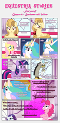 Size: 1919x3921 | Tagged: safe, artist:estories, discord, fluttershy, pinkie pie, princess celestia, rarity, twilight sparkle, twilight sparkle (alicorn), oc, oc:alice goldenfeather, alicorn, pegasus, pony, unicorn, comic:find yourself, comic, female, mare