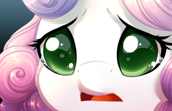 Size: 5100x3300 | Tagged: safe, artist:starshinebeast, sweetie belle, close-up, colored pupils, commission, crying, cute, daaaaaaaaaaaw, diasweetes, face, open mouth, pleading, sad, solo