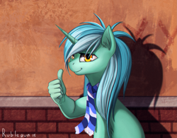 Size: 1585x1235 | Tagged: safe, artist:rublegun, lyra heartstrings, pony, unicorn, background pony, chromatic aberration, clothes, cool story bro, ear fluff, female, hand, leg fluff, lidded eyes, looking at you, lyra's humans, mare, mutation, reaction image, scarf, shadow, signature, sitting, smiling, smirk, solo, suddenly hands, thumbs up, wall, wat
